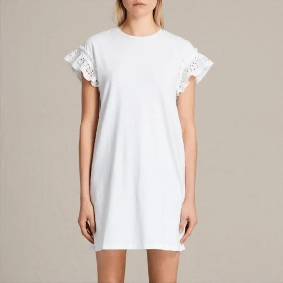 ALLSAINTS Trixi Ruffled Eyelet Sleeve T-Shirt Dress Size Small White - Picture 1 of 9